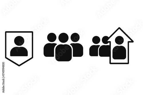 Vector icon set illustrating leadership, making a difference, and standing out. Includes symbols for teamwork, career growth, promotion, and individuality. Human resources concept.