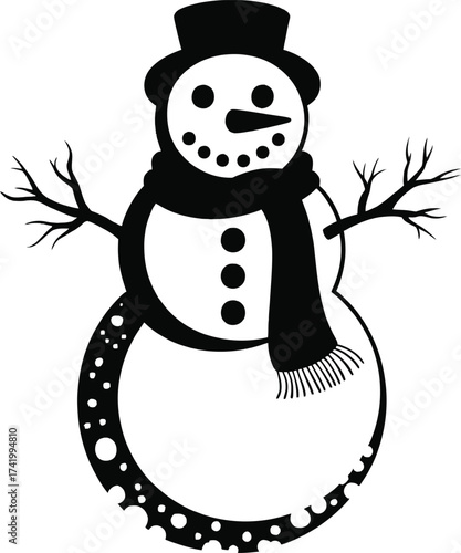 Charming snowman illustration with top hat scarf and branches on transparent background silhouette