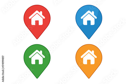 Colorful map pointer set with house icon. Home location marker symbol. Real estate, property address pin. GPS navigation destination & geotag. Vector illustration for web design.