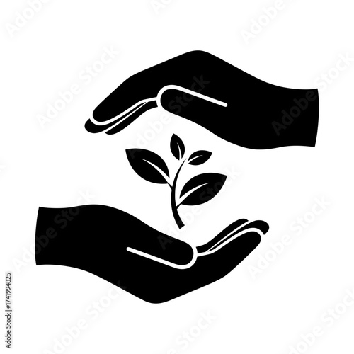 Hands protecting a plant representing environmental protection and care.