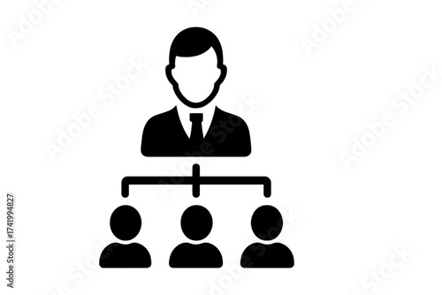 Management icon showing an organizational chart and company hierarchy. Business concept of leadership, teamwork, and corporate structure. Manager leading a team of employees.