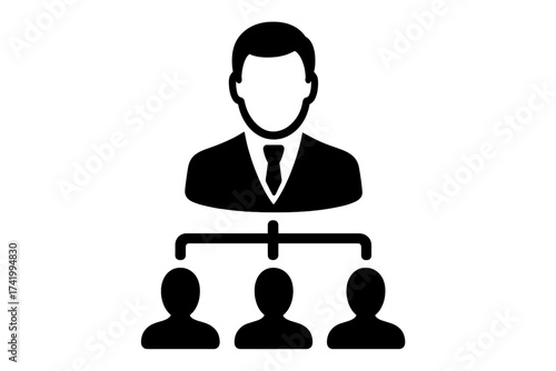 Management icon, manager symbol. Business organization chart. Vector concept of corporate hierarchy, leadership, and supervision. Boss with employees. Teamwork, delegation.