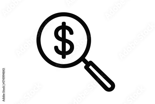 Financial analysis icon. Magnifying glass with dollar sign. Concept of business audit, budget review, investment search, and cost analysis. Economy and profit research vector.