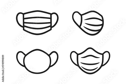 Medical face mask vector icon set. Outline illustration of surgical respiratory protection. Healthcare, hygiene, disease, flu, virus, pandemic, air pollution, Covid-19 symbol.