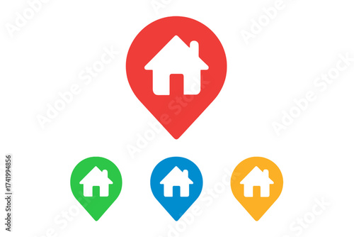 Map pointer with house icon set. Home location marker symbol. Colorful pin for navigation, address, real estate. GPS destination point. Geotag locator sign vector element.