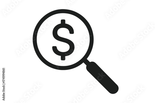 Financial analysis icon. Magnifying glass with dollar symbol. Concept of business audit, budget review, economic research, investment search, money and profit analysis.