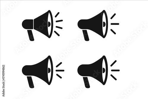 Megaphone vector icon collection. Loudspeaker symbol for announcement, marketing, and promotion. Amplifier for broadcasting news and alerts. Communication concept flat illustration.