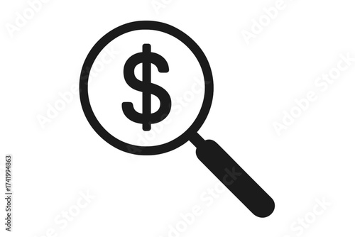 Financial analysis icon with magnifying glass on dollar sign. Business concept for money search, profit analysis, investment opportunity, budget audit, cost research, and market value.