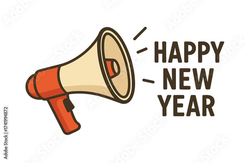 Happy New Year announcement from a megaphone. Holiday celebration greeting message. Loudspeaker communication concept for marketing and promotion. Vector illustration icon on transparent.