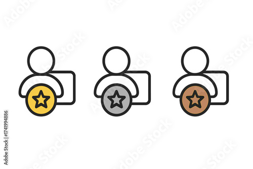 Membership plan icon set with gold, silver, bronze levels. User profile status, subscription tier or loyalty program badge. Vector illustration of customer ranking awards.