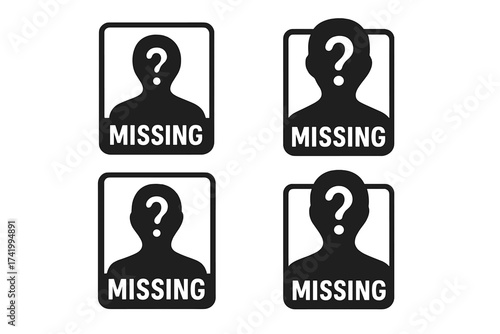 Missing person icon set. Lost anonymous human silhouette. Unidentified person with question mark head. Search, wanted poster, investigation, alert, notice concept. Vector symbol.