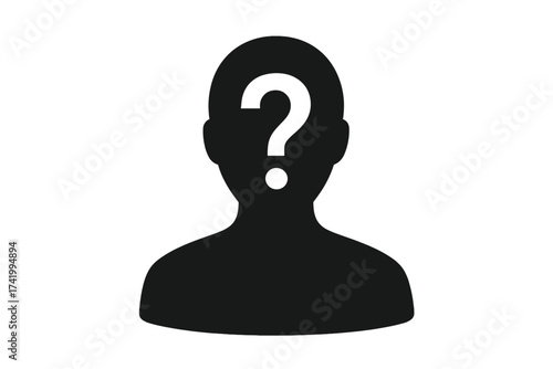 Missing person icon, anonymous user silhouette with question mark. Unknown identity concept. Lost person graphic for help, search, faq, support. Who is this vector?