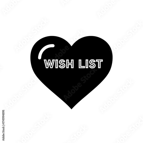 Heart shaped wish list icon with text inside black and white design.