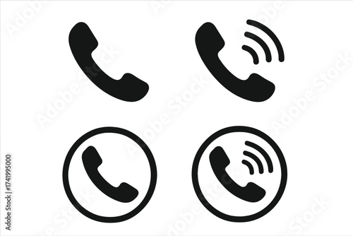 Phone icon set. Telephone call symbol collection. Contact us button. Communication sign. Vector for web, app, ui, ux. Ringing handset pictogram. Flat black silhouette.