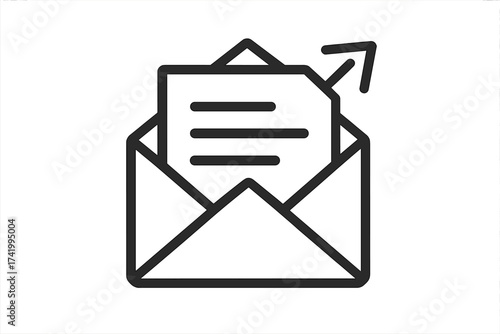 Send message icon. Open envelope with letter. Mail, email sent symbol. Communication, correspondence sign. Vector post, newsletter, contact, notification pictogram. Line art.
