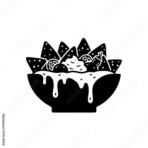 Delicious nachos with cheese and toppings in a bowl.