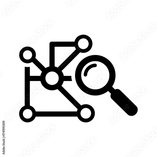 Network analysis and data search icon with magnifying glass for research.