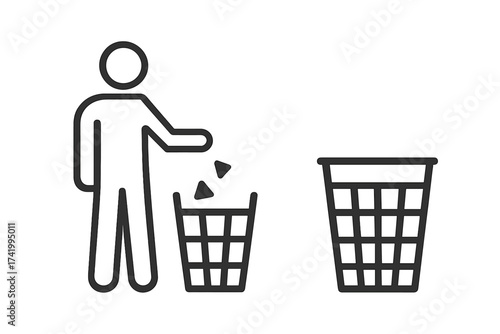 Man throwing garbage in a trash can icon set. Person puts rubbish in a waste bin. Do not litter symbol. Recycling and disposal vector pictogram for environmental concept.