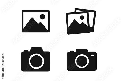 Photo camera icon set. Vector illustration pictogram for photography, image gallery. Simple flat symbol for web, UI, app design. Digital picture sign. Photograph silhouette.