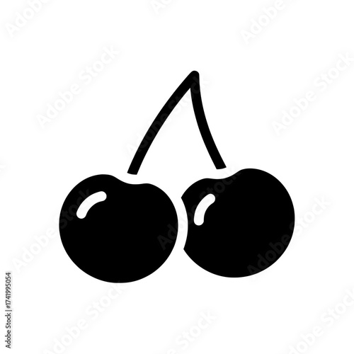 Black and white illustration of two cherries with stems fruit icon.
