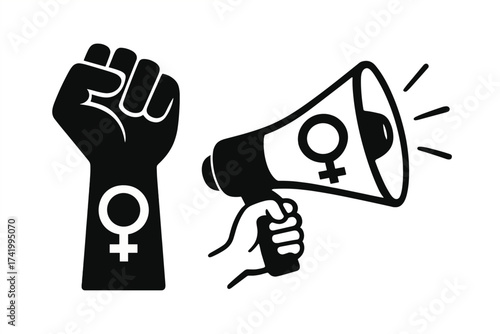 Feminism protest symbols vector set. Raised fist and hand with megaphone for woman's rights. Gender equality, empowerment, activism, demonstration, and social movement icons.