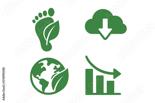 Reduce carbon footprint vector icon set. Eco friendly green symbols for sustainability, ecology, and CO2 emission decrease. Environmental conservation and climate change concepts.