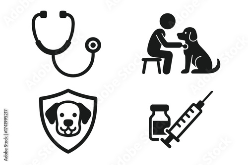 Veterinary clinic icons set with stethoscope, dog checkup, injection vaccine, and pet health shield. Vector illustration for animal care, vet service, vaccination, and pet protection concepts.