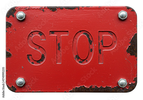 Isolated old red metal stop sign with mounting bolts, grungy paint peeling, aged industrial design