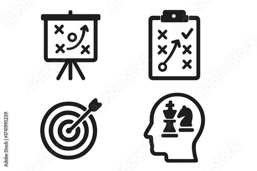Strategic planning icons set with target, chess strategy, clipboard tactics, and presentation board vector illustration, business goals, success concept, abstract strategy symbols