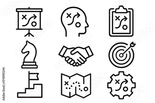 Strategic planning icon set vector illustration with transparent background, business strategy icons, goal setting, teamwork, target, map, chess knight, handshake concept, success path