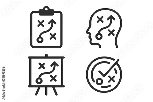 Strategic planning icons set with arrows and paths, vector illustration of business tactics and decision-making, transparent background, diagram symbols for strategy, leadership, and goal achievement