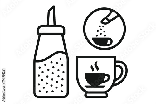 Sugar bottle icon with coffee cup symbol, vector illustration set of added sugar concept, condiment container and steaming cup, black and white transparent background design