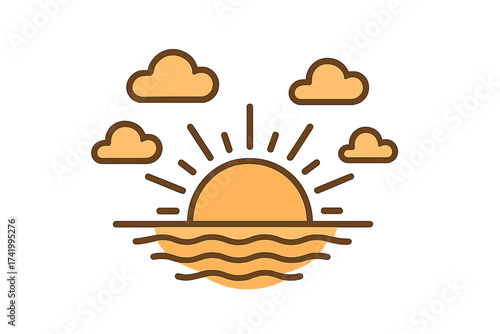 Sunset icon isolated on white background, evening concept vector illustration, sun setting over waves with clouds, serene nature seascape design for summer and relaxation themes