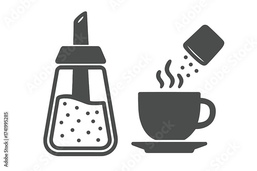 Sugar bottle and coffee cup icon with added sugar symbol, vector illustration with transparent background for coffee or beverage design, kitchen and drink concept