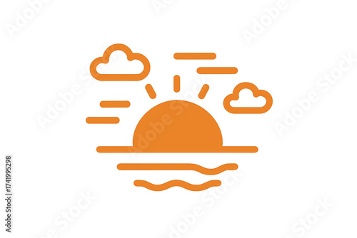 Sunset icon with clouds and ocean waves, evening horizon concept, vector illustration isolated on white background, nature landscape, peaceful sunset scene, outdoor sky design