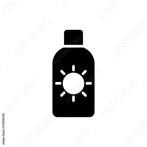 Sunscreen bottle with sun symbol protection from sun summer skincare beach essentials.