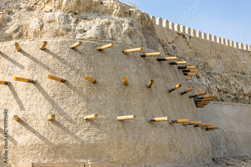 Restoration work on the historic earthen wall of the Ark Bukhara fortress in Bukhara, Uzbekistan. Reinforcing with clay and logs. Initially built the 5th century AD. 16th century CE present structure