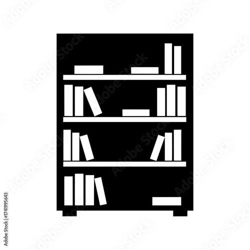 Black and white bookshelf with books on shelves.