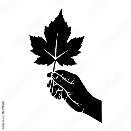 Hand holding a leaf nature and environment concept black and white illustration.
