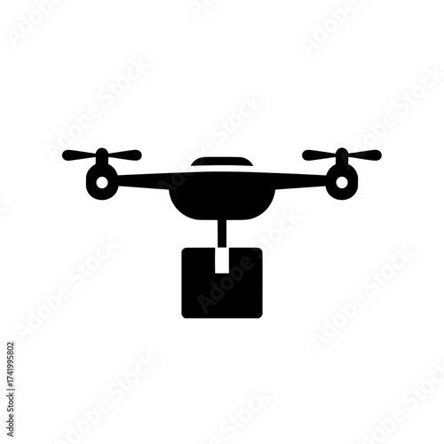 Drone carrying a package for delivery aerial view black and white.