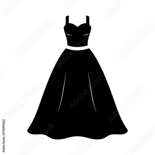 Elegant black dress with spaghetti straps and a flowing skirt.