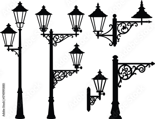 Vintage street lamp silhouettes, ornate Victorian lamp posts, decorative outdoor lighting designs, retro city streetlights for urban design projects