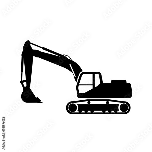 Black silhouette of an excavator on a white background construction equipment.