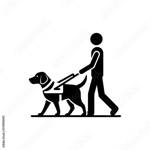 Guide dog assisting visually impaired person walking together black silhouette white background.