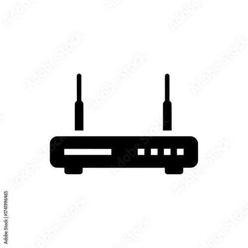 Black router icon with two antennas on white background wireless network symbol.