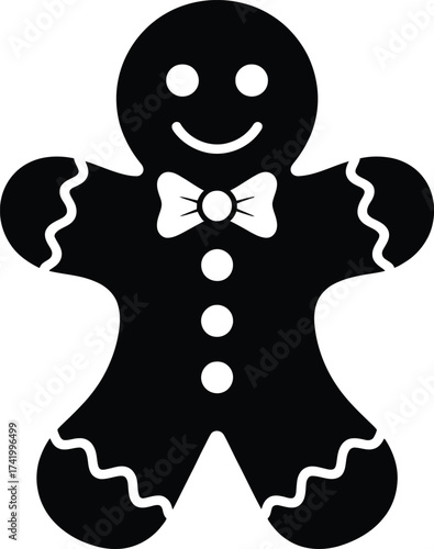 Charming gingerbread man illustration with bow tie on transparent background silhouette
