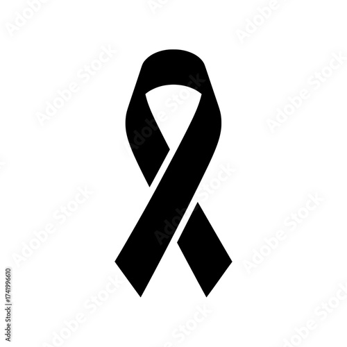 Black ribbon symbol of mourning and awareness on white background.