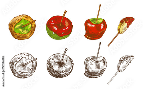 Hand drawn vintage sketch set of caramel and candy apples on stick with nuts, color and monochrome version