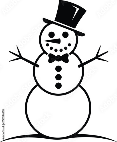 Simple black snowman illustration with hat and bow tie on transparent background silhouette