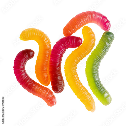 Colorful gummy worms candy isolated on transparent background, Clipart png